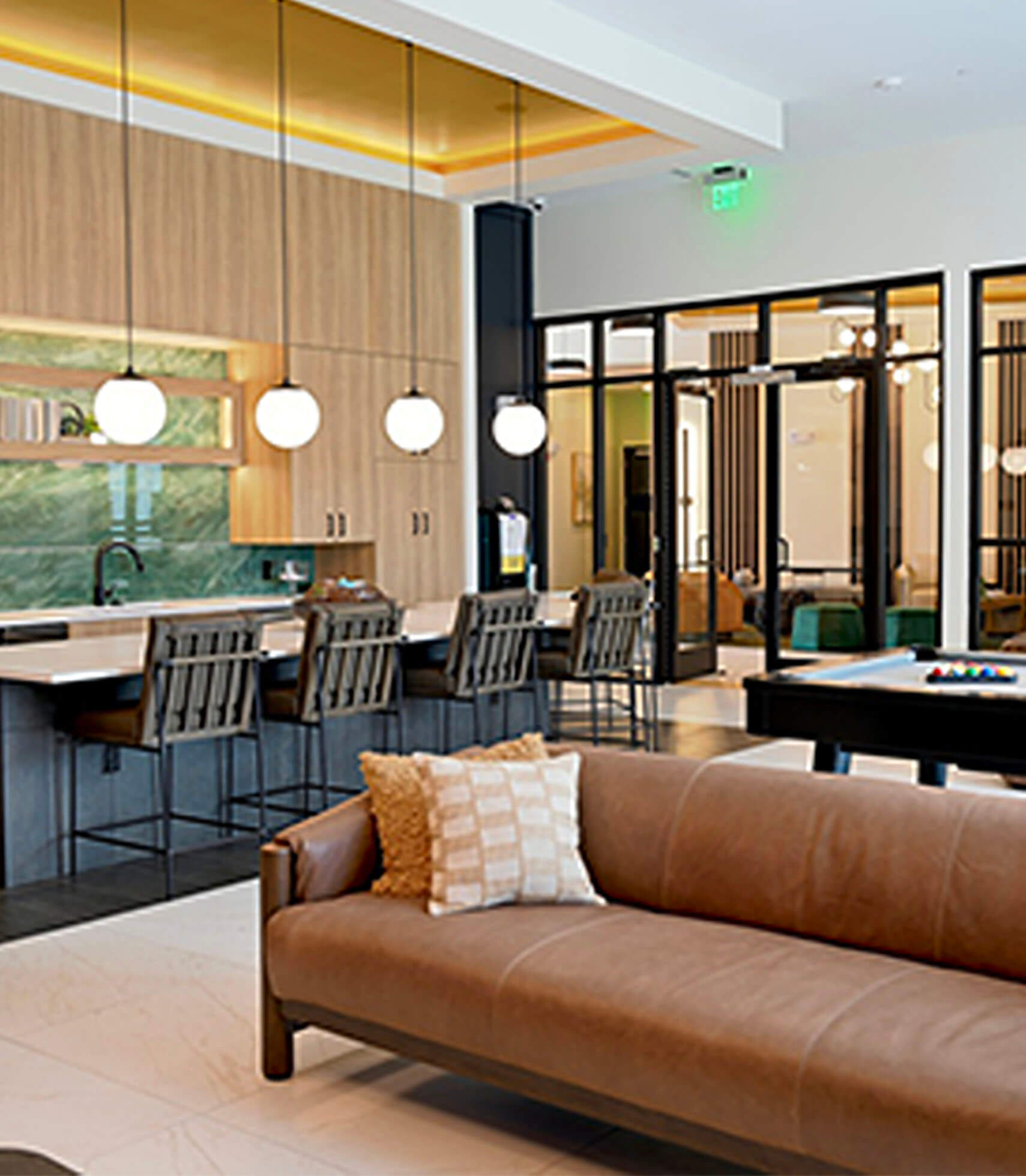 Gathering area with bar and sofa