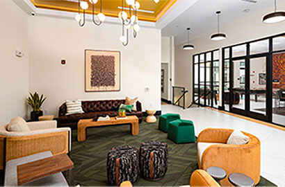Apartment lobby with several seating areas