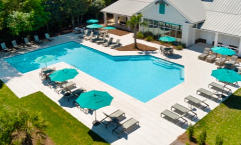 Aerial view of building with swimming pool