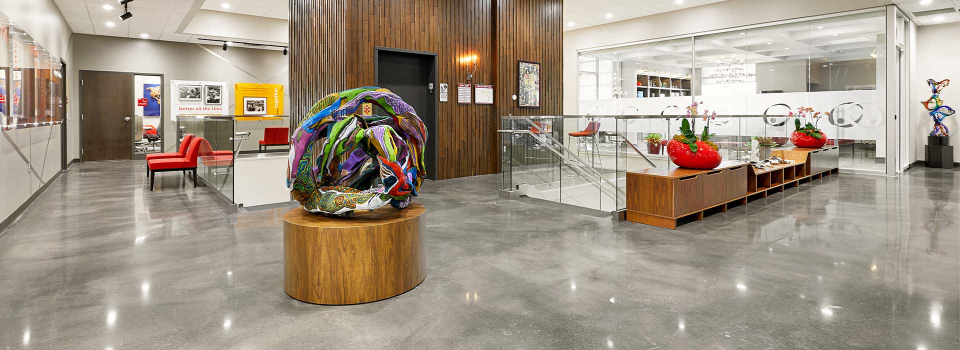PTS Diagnostics entry way and art sculpture